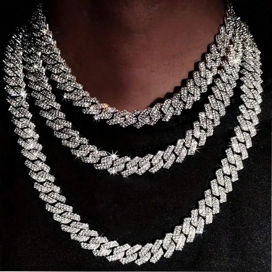 Dazzling Cuban Chain Necklace For Men Hip Hop Wave Design Alloy Diamond Set Double Row Long Bar Jewelry Gift For Christmas