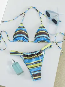 2026 New American Retro Striped Bikini, Lace Up Bikinis, Small Bust Three-Part Beach Vacation Swimsuit for Women, Sexy Cartoon Pattern, Fitted Thong Bottom