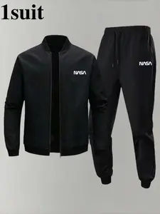 Men's Sportswear Set, Athleisure Tracksuit Outfit, Plain Tracksuit Set, Zipper Baseball Neck Sweatshirt + Drawstring Sweatpants, Casual Travel, Comfortable and Stylish