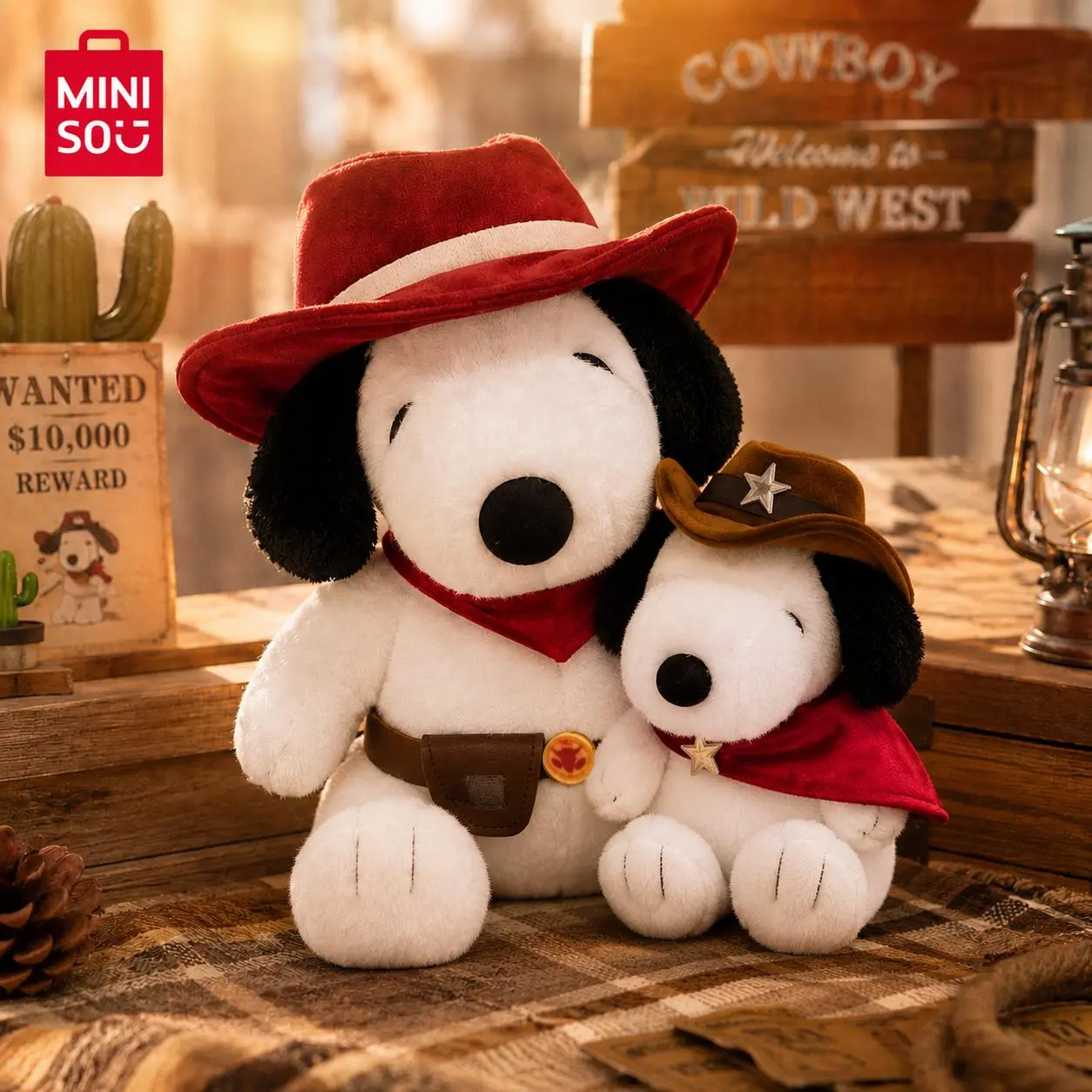 MINISO x Peanuts Snoopy Cowboy Series 25cm (9.84in) Sitting Huggable Stuffed Animal, High-Quality Slow-Rebound Stuffing, 100% Premium Soft Fabric, Red Hat, Bandana, Brown Belt, Wild West Aesthetic Room Plush, Collectible Doll, Limited Edition Home Decor