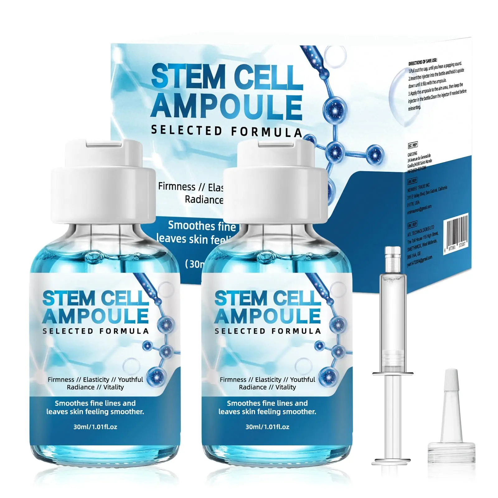 Stem Cell Exosome Booster Kit and Gentle Hydrating Brightening Nourishing Smoother Moisturizing Hydrate Ampoule Duo Serum Set, Exosome Solution and Syringe, Radiant Skin Care, Brightening Face Treatment