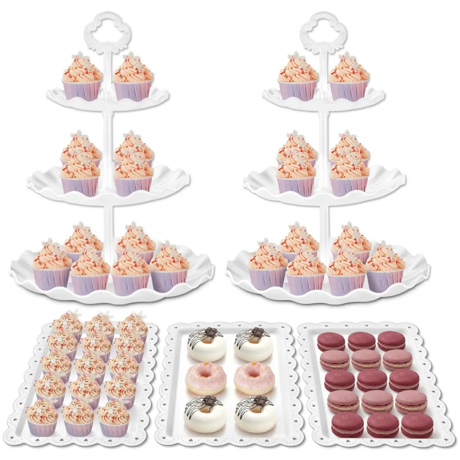 5 Pack Dessert Table Display Set, 2 Cupcake Stands and 3 Dessert Trays, 3 Tiered Cup Cake Holder Tower Stand Riser& Cookie Serving Trays, Plastic Dessert Display Stands Cake Stand, Treat Table Displays Set for Wedding, Tea Party (White) ﻿