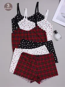 Women's Comfortable Printed Camisole & Thong Set, 3-Piece Underwear Collection, All-Season Breathable Lingerie Nightwear for Daily Wear