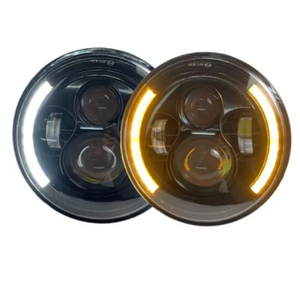 7" Universal LED Round Motorcycle Headlight with DRL, 7.5in Lamp Housing Accessory for Honda, Yamaha, Suzuki, Kawasaki Round Headlight