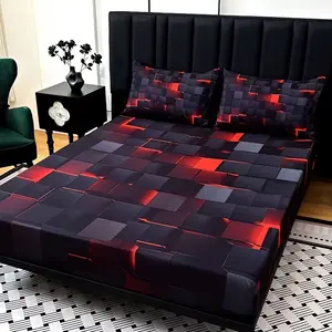 3-Piece Tech Plaid Bedding Set (fitted Sheet & Pillowcases), High-Definition Print, All-Season Polyester, Classic Style, Bed Sheets Set