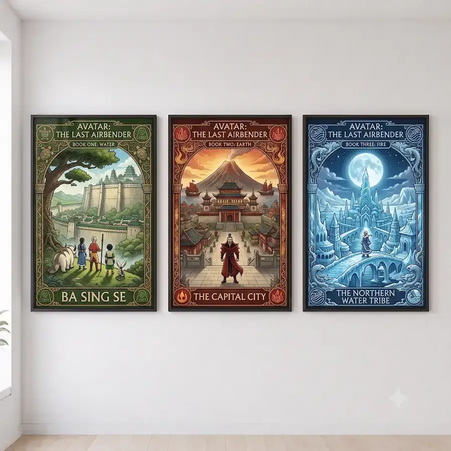 Avatar The Last Airbender Cities Travel Poster 3 Panel Set, Ba Sing Se & Water Tribe Wall Art, Anime Decor