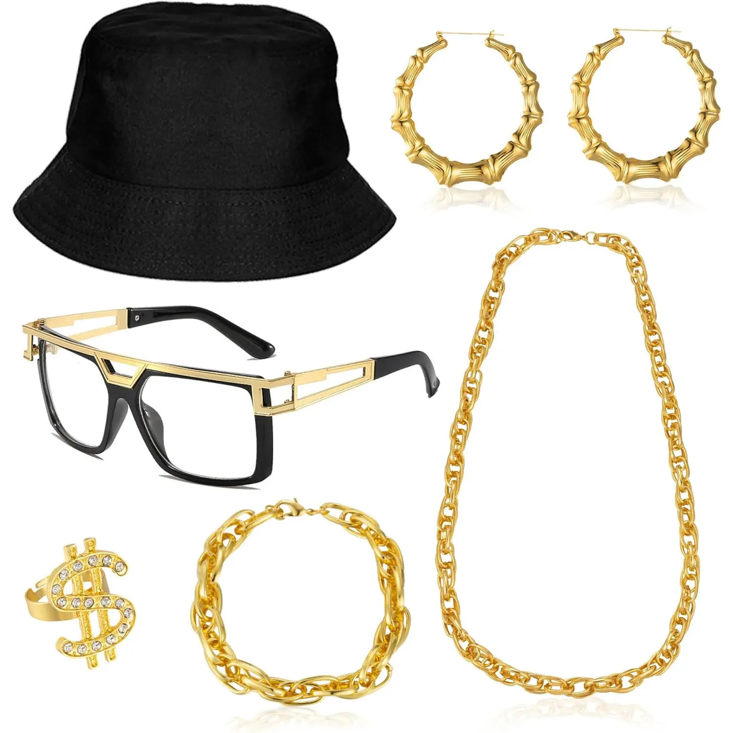 7Pcs 80s 90s Accessories Women's Men's Hip Hop Costume Kits Old School Rapper Jewelry Necklaces Vintage Earrings