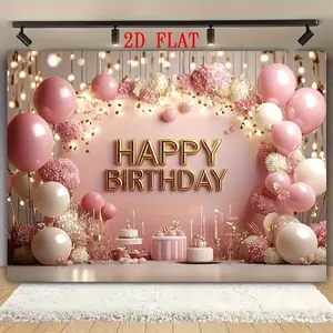 1pc Reusable 60x40 In Polyester 2D Flat Banner, Pink & Golden Balloon Theme Birthday Decor, Festive Party Backdrop for Home Supplies