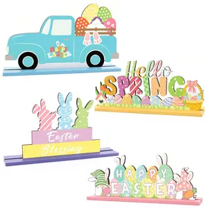 Easter Table Decorations Wooden Set - 4 Pieces Colorful Easter Bunny Spring Centerpiece Tiered Tray Desktop Decoration for Home Office Farmhouse Party