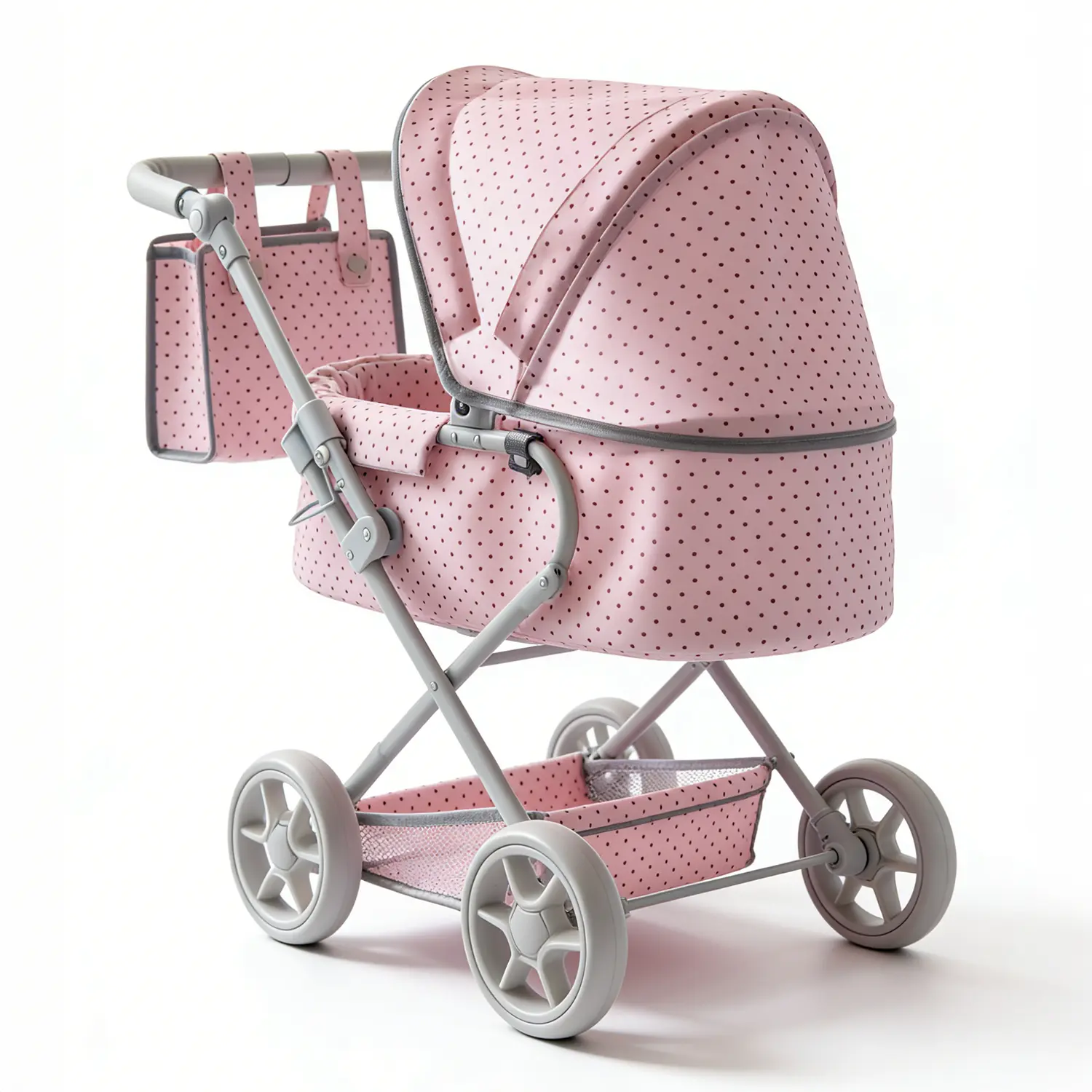 2 in 1 Baby Doll Stroller Foldable Doll Pram with Detachable Basket,Handbag,Pink Polka Dots,Dolls Up to 22" Doll, Dolls to Play Baby Doll Convertible Lightweight Pram Stroller for Kids