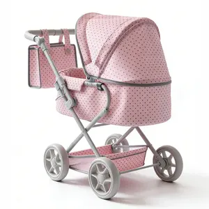 2 in 1 Baby Doll Stroller Foldable Doll Pram with Detachable Basket,Handbag,Pink Polka Dots,Dolls Up to 22" Doll, Dolls to Play Baby Doll Convertible Lightweight Pram Stroller for Kids