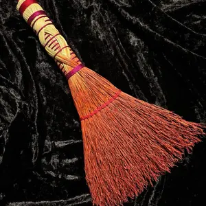 Handmade Broom with Woven Handle Rustic Witch Broom for Home & Ritual Orange & Red Woven Handle