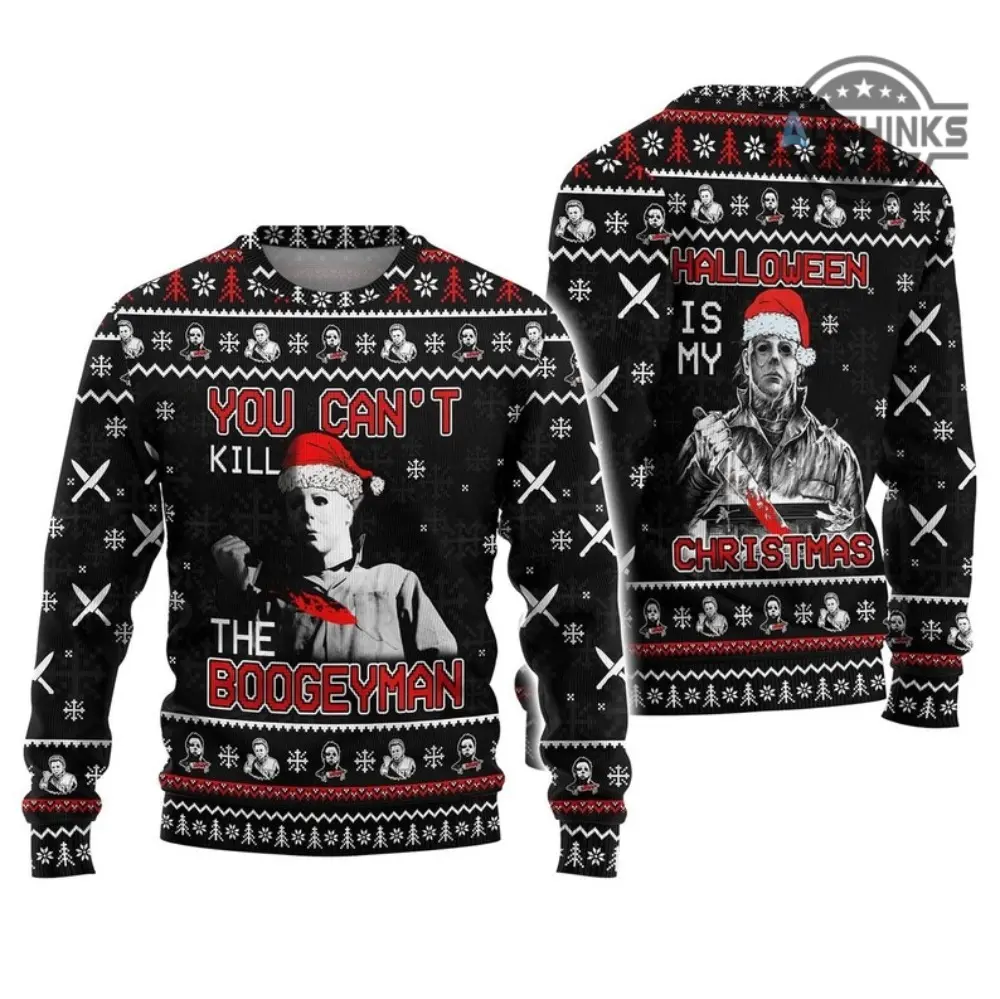 Michael Myers Ugly Christmas Sweater You Cant Kill The Boogeyman Halloween Is My Christmas Santa Hat Horror 3D Pullover Mens Womens Oversized Warm Winter Fall Casual Streetwear