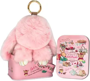 Handmade Bunny PomPom Keychain with Tin Box, Graduation Gift for Friends & Students, Stress-Relief Charm