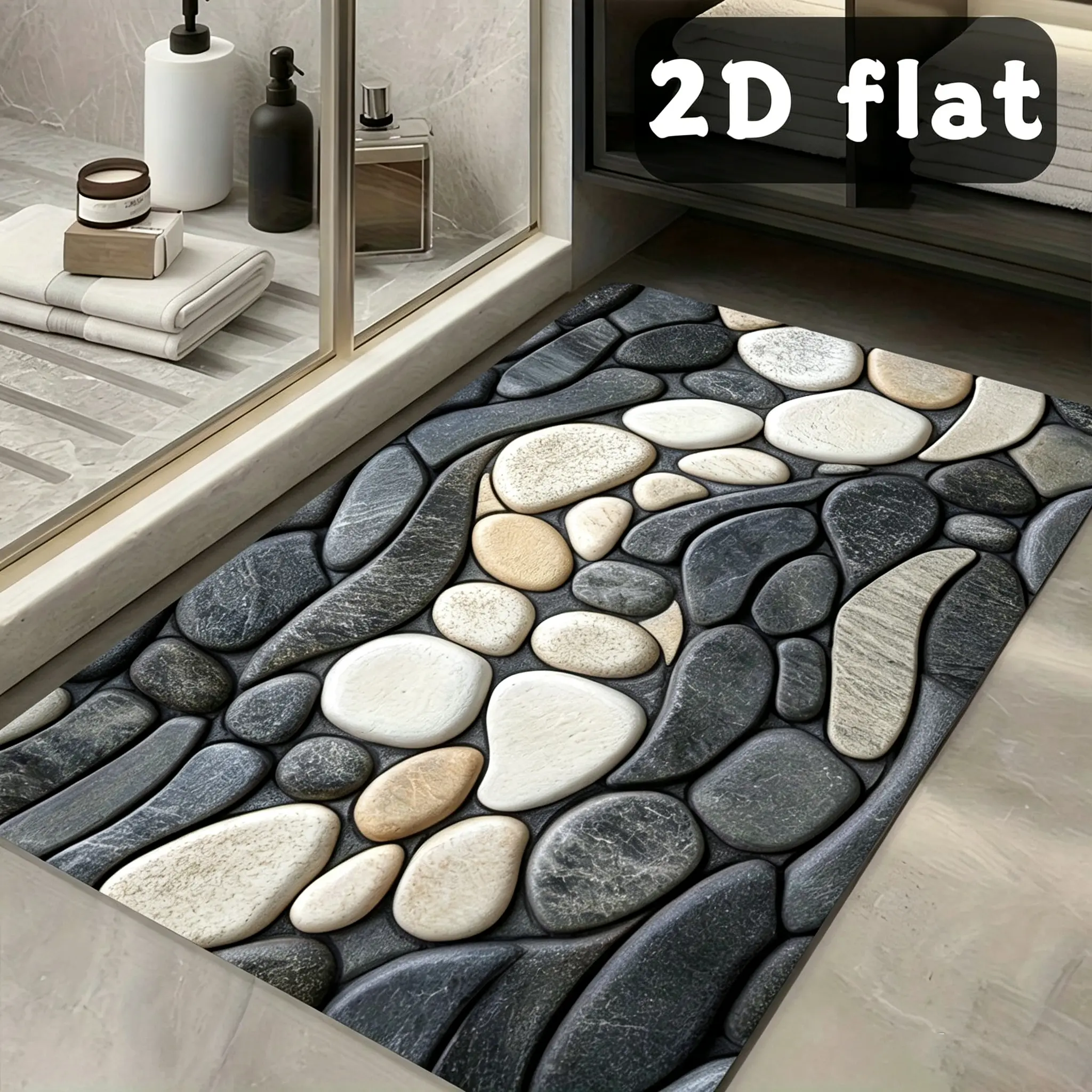 Luxury Novelty 3D Visual Pebble Stone Print Flannel Doormat, Realistic River Rock Illusion Absorbent Bathroom Floor Mat, Non Slip Low Profile Indoor Entryway Rug, Natural Stone Decorative Welcome Carpet, Perfect Housewarming & Unique Gift for Modern