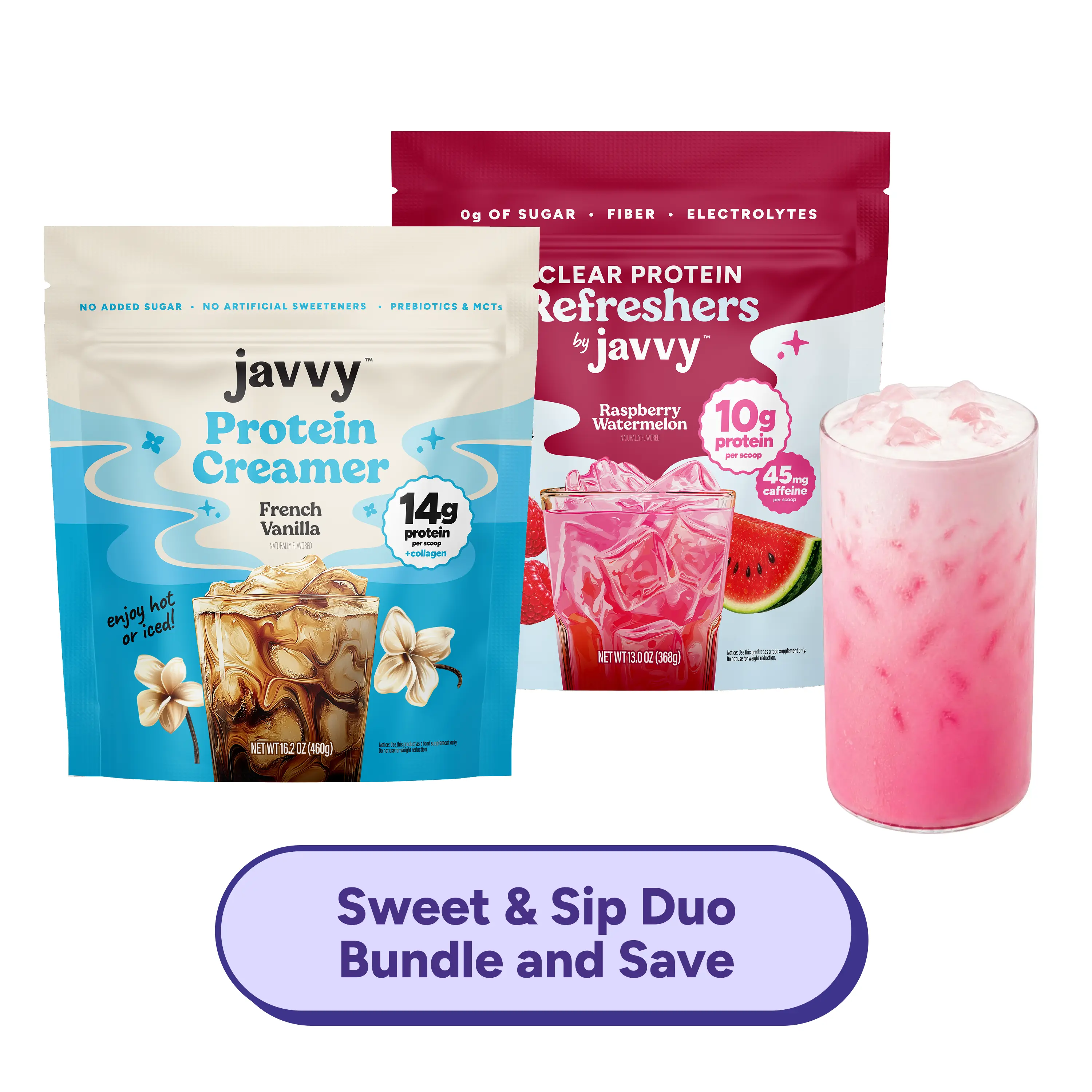 Javvy Sweet & Sip TikTok Exclusive Bundle Protein with Collagen Raspberry Watermelon Refresher & French Vanilla Collagen Protein Creamer with Clear Whey, Electrolytes & Collagen, Keto Friendly, No Added Sugar