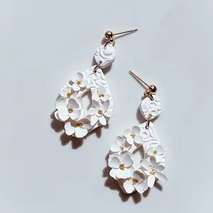 White Floral Clay Dangle Earrings - Handmade Teardrop Jewelry, Unique Floral Design, 2 Piece Set, Elegant Style for Women
