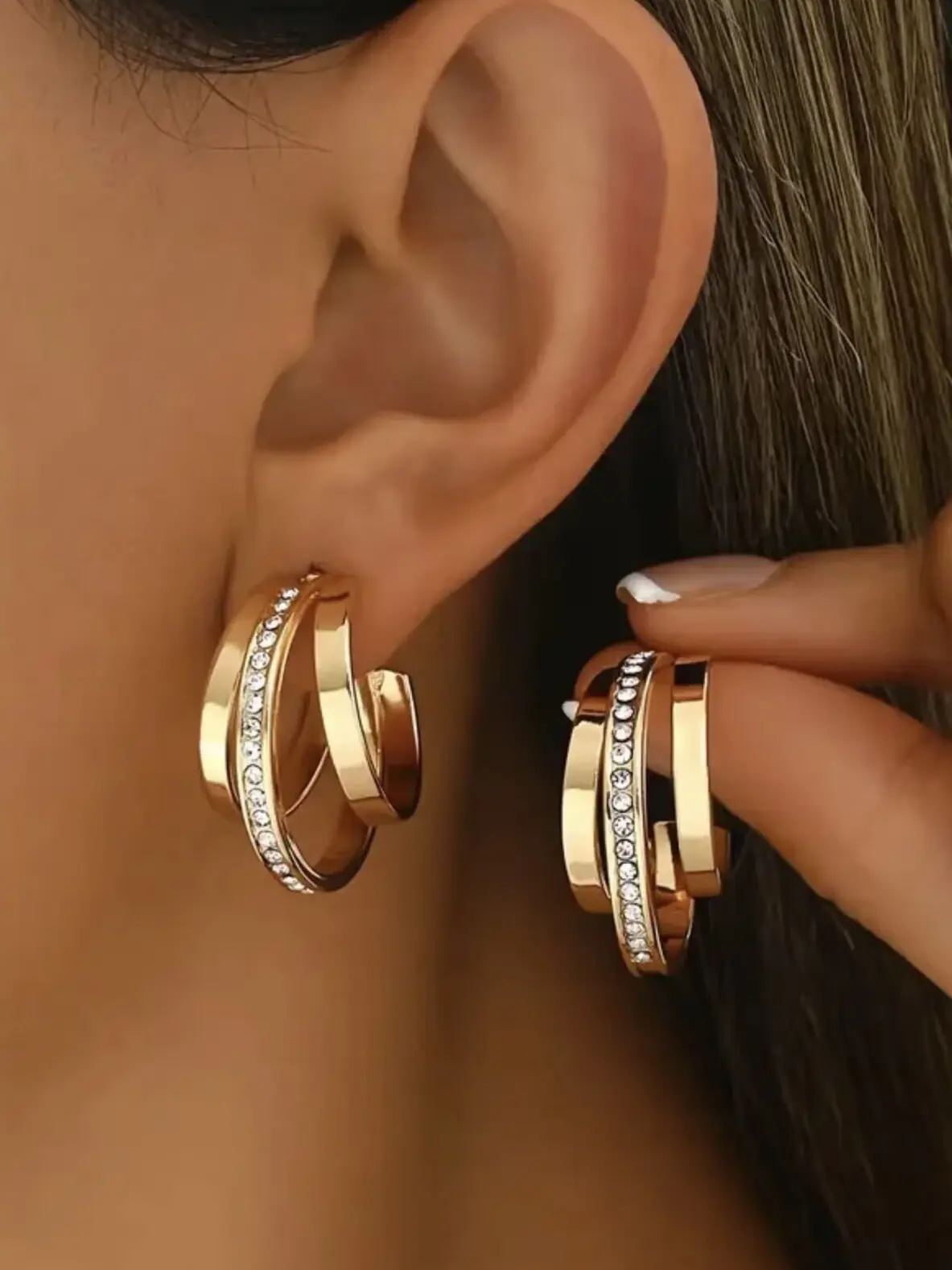 Women's Simple Fashion C Shape Zircon Earrings, Statement Earrings, Three-Layer Circle Design, Elegant Jewelry Gift for Daily Wear & Formal Events, Zirconia Hoop Earrings, Artificial Zircon Earrings, Statement Hoops Earrings