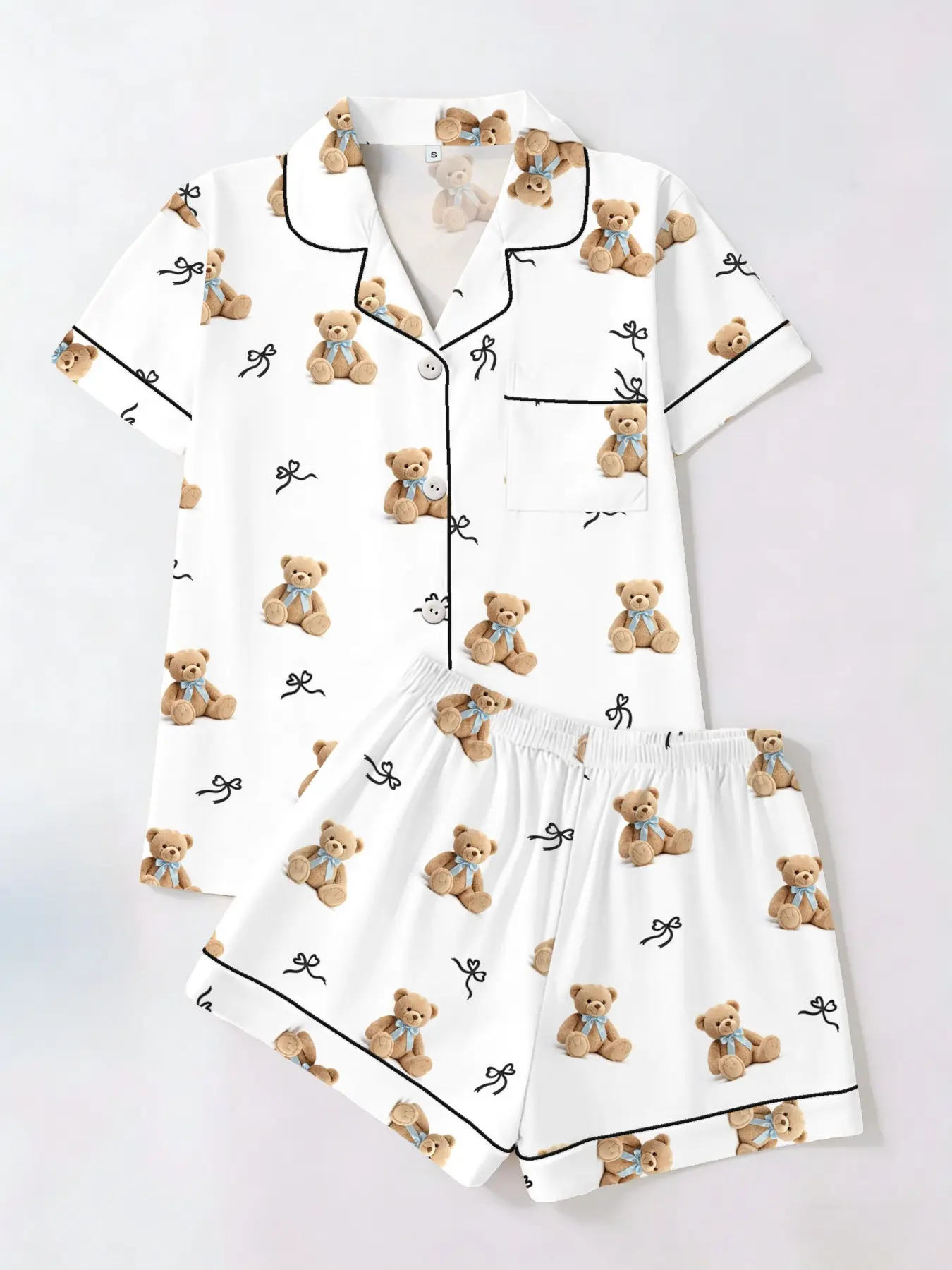 Spring Summer Women's Sleepwear Set, Bear & Bowknot All over Print, Fitted Cardigan and Short Pants, Casual Home Wear, Casual Comfy Pajama