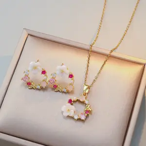 Wreath Jewelry Set, Garland Necklace Earrings Zircon Pink Flower New Design Pendant Elegant Set Titanium Steel Necklace