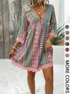 Women's Bohemian Style Chic Boho Style Vacation Valentine's Day V-Neck Long Sleeve Lace Trim Dress, Elegant Party Wear, Comfortable & Stylish