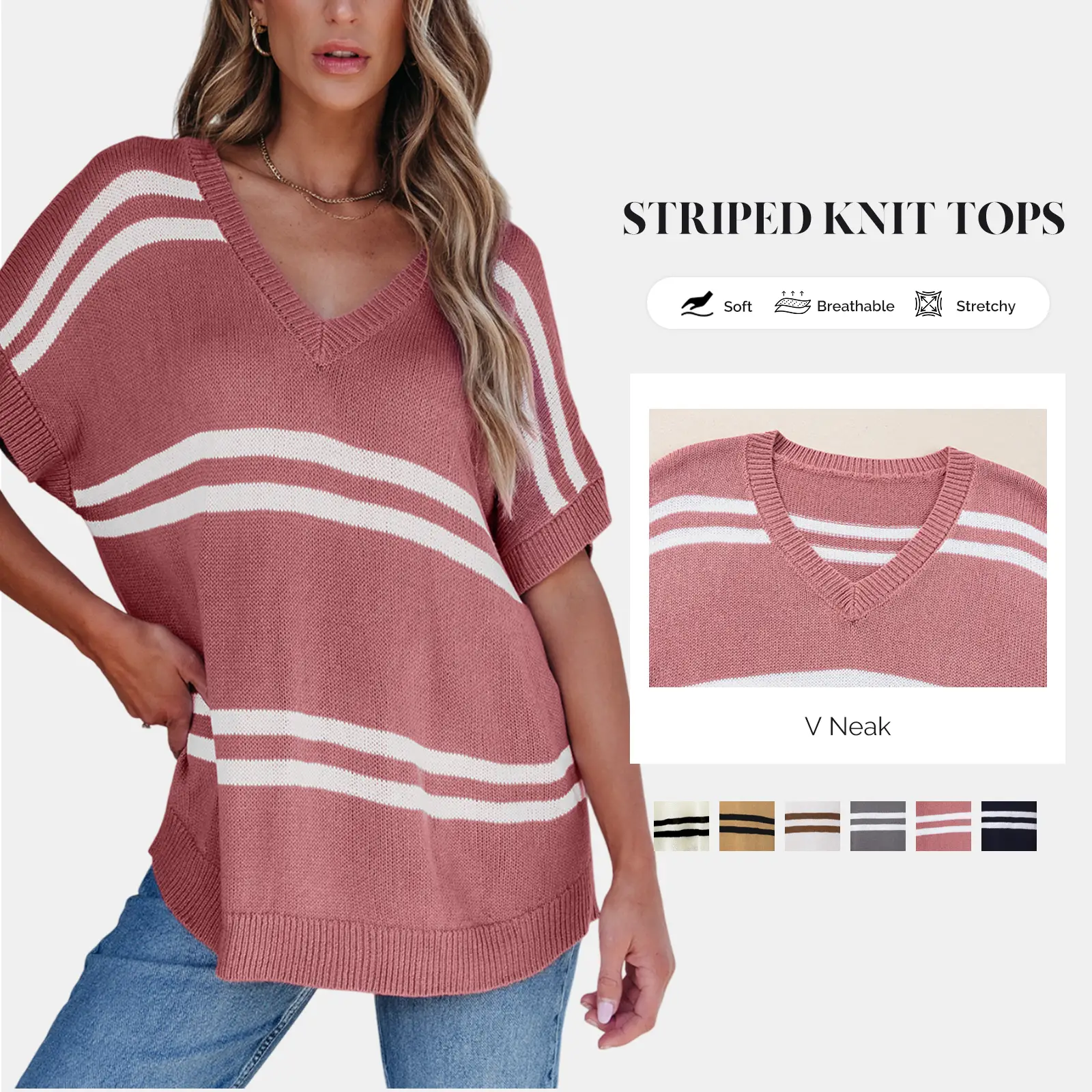 Shewin Oversized Drop-Shoulder Striped V-neck Knit Sweater Top for Women - Soft Stretchy Acrylic Fabric, Loose Fit for Summer & Spring, Multi-Color Op