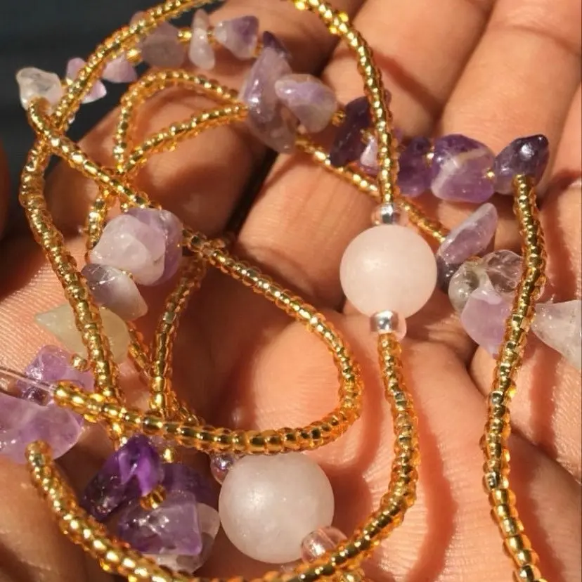 Amethyst Rose Quartz Gold Waist Bead with Crystals - luxury Jewelry Set, Gemstone Body Accessory, Women’s Necklaces, Jewelry gifts