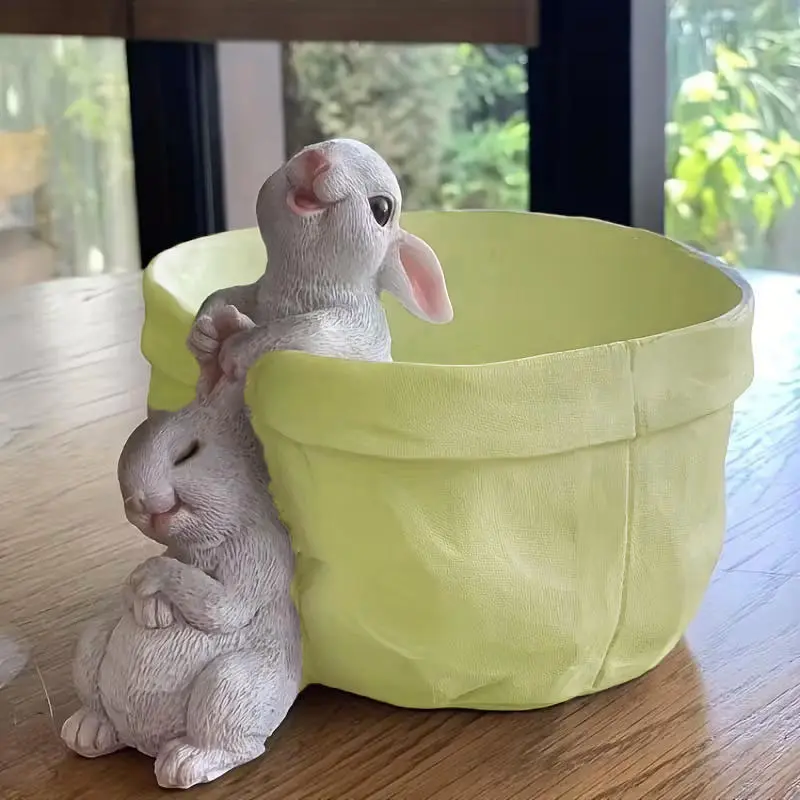 Charming Resin Rabbit Sculpture, Perfect for Garden Office Decor & Decoration, Cactus Plant Pots, Easter Theme Animal Statue for Balcony & Patio, Garden Sculptures