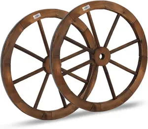 VINGLI 24" Decorative Wooden Wheel (Set of 2), Vintage Old Western Style Wall Hanging Wood Wagon Wheel for Bar, Garage, Patio, Carbonized Solid Fir Wood