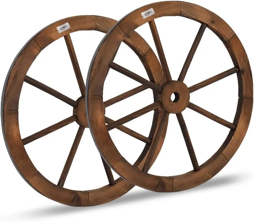 VINGLI 24" Decorative Wooden Wheel (Set of 2), Vintage Old Western Style Wall Hanging Wood Wagon Wheel for Bar, Garage, Patio, Carbonized Solid Fir Wood, Garden Decoration, Hangable