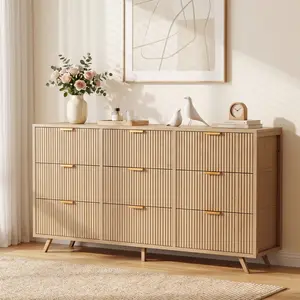 9 Drawer Dresser for Bedroom, 57" Fluted Wooden Chest with Fabric Drawers, Modern Media Console & TV Stand for 35/45/55 Inch TV, Large Storage Organizer Cabinet with Reinforced Base