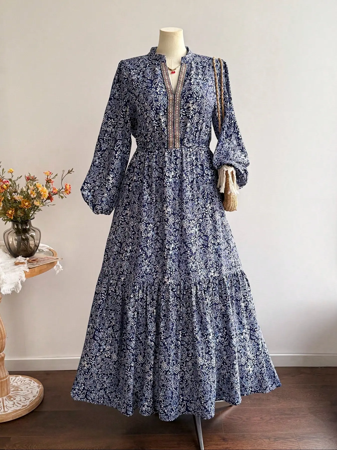 Rusttydustty Plus Size Women's Holiday Style Printed Ribbon Patchwork Flowy A-Line Long Sleeve Dress, Elegant Party Wear