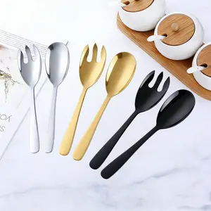 Mirror Polished Stainless Steel Tableware, Smooth Surface Salad Spoon & Fork, Extra Long & Thick, Serving Fork, Large Size for Home, Restaurant, Buffet