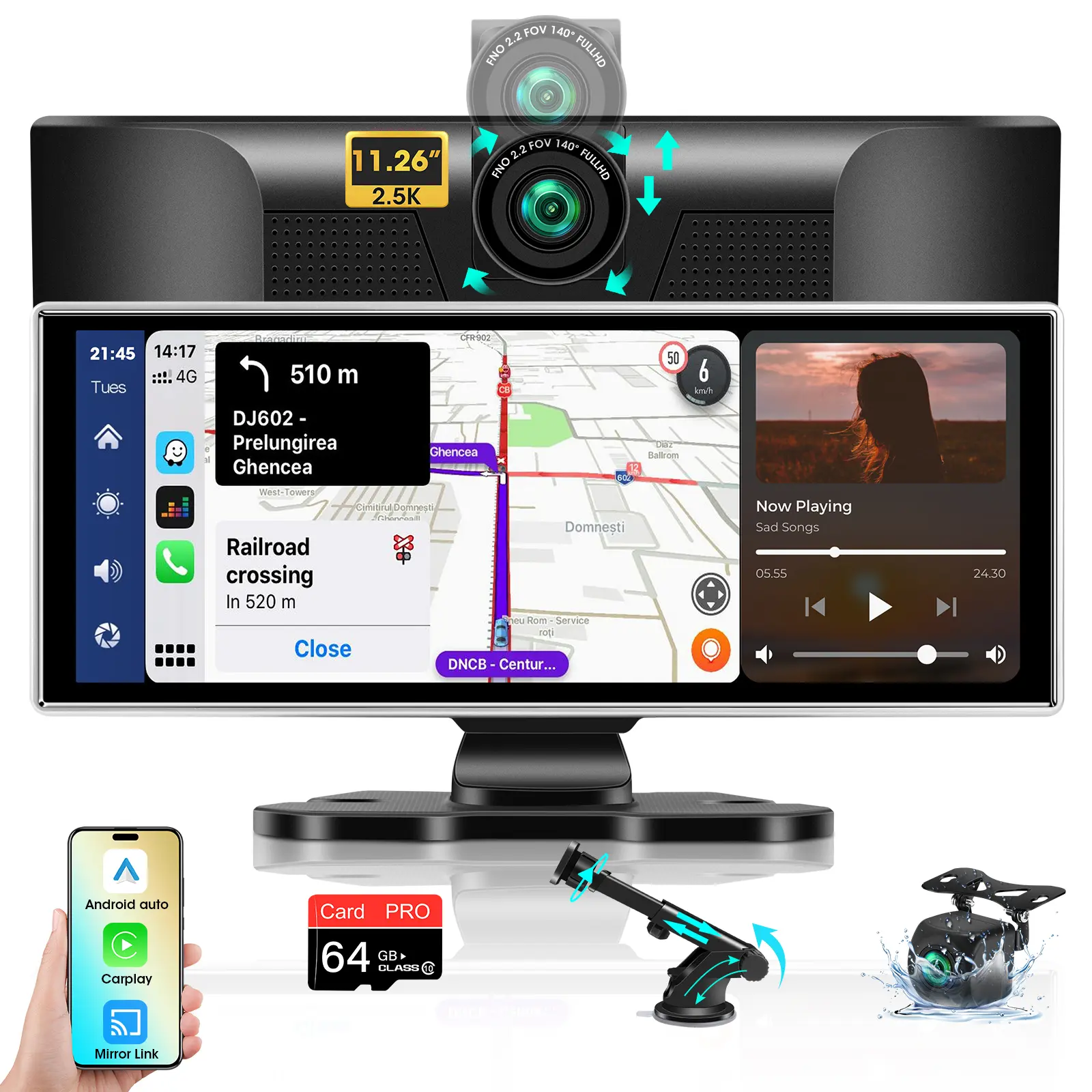 2025 Exclusive 11.26'' Portable Wireless Apple CarPlay Screen for Car & Android Auto Car Stereo, 2.5K Dash Cam 1080P Backup Camera car Audio Receivers/GPS Navigation/Voice Control for All Vehicles, Car Video Player Carplay Touchscreen