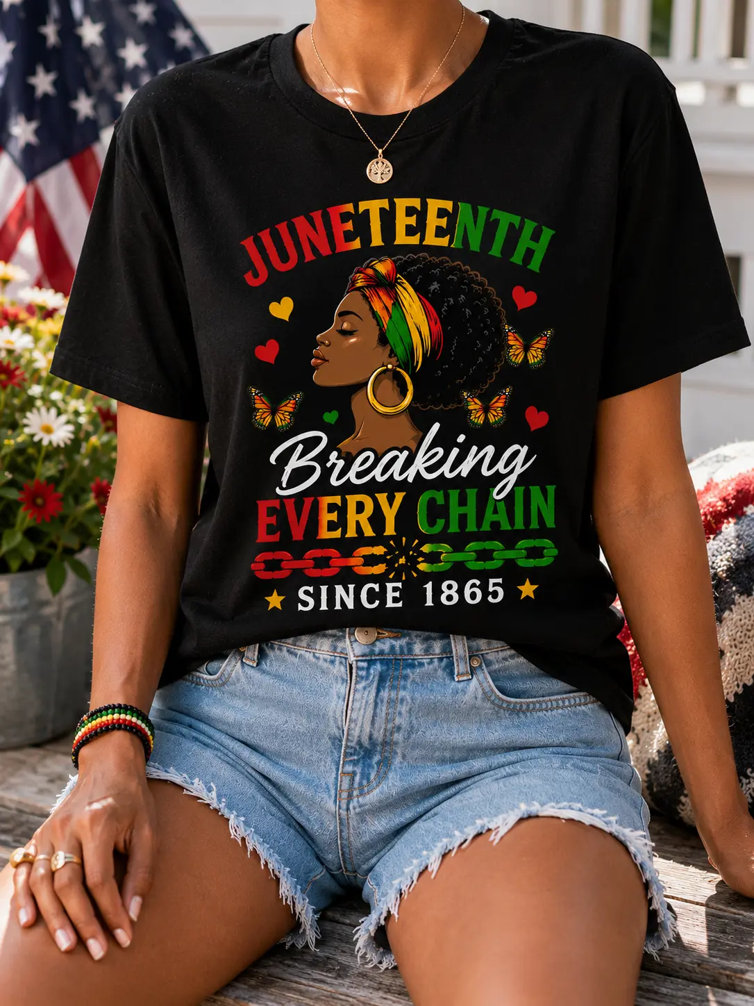 Women's Streetwear T-shirt with Juneteenth 'Breaking Every Chain' Graphic Print, Round Neck for Holiday Events, Tshirt, Machine Wash, Chain Pattern Women's T-Shirts, Piece, Shortsleeve, Style, Everyday, Chain Print