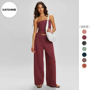 KatchMe Women's Casual Color Matching Stripe Slim Tube Top & Low-Rise Wide Leg Trousers Co-ord, Lightweight Wrinkle-Resistant Spring & Summer Outfits, Skin-Friendly Two Piece Sets