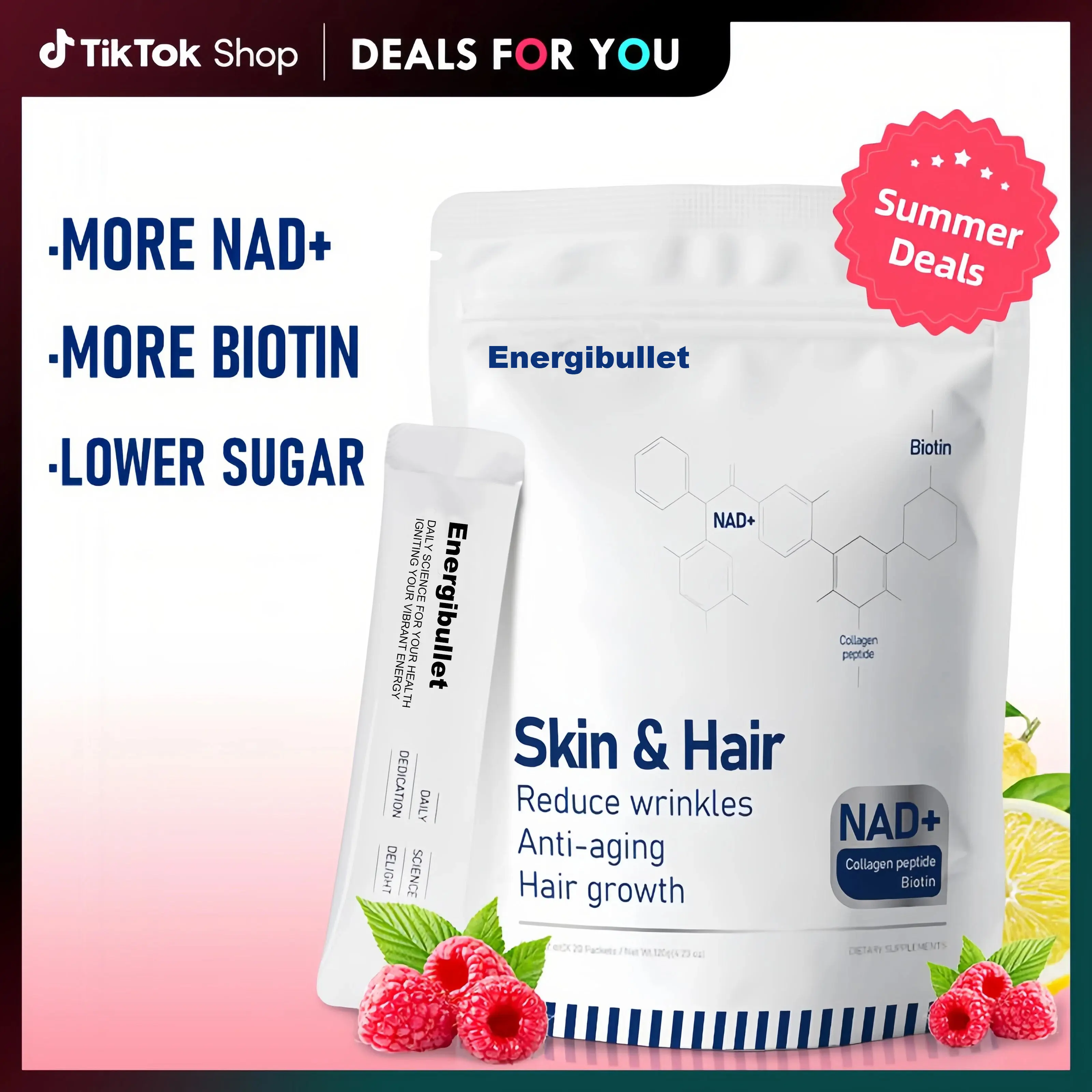 DSDD NAD PLUS+Biotin+Collagen Berry Flavor Drink Mix for ANTl AGlNG Support,Hari Growth,Glass Skin,Boost Energy