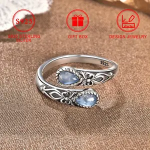 A moonstone set on a 925 sterling silver spoon ring, nickel free, Victorian retro style, adjustable butterfly thumb jewelry, Bohemian holiday theme, synthetic stone, silver plating, gift box, ladies' Casual Attire and complimentary fashion accessorie