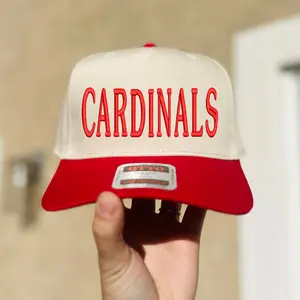 CARDINALS Embroidered Trucker Hat – Cream and Red Baseball Cap with Bold Varsity Stitching, Retro Sports Team-Inspired Hat, Game Day Tailgate Style for Fans & Athletes