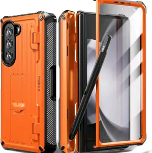 For Samsung Galaxy Z Fold 5 - Mgbca Armor Luxury Case, Shock-Proof, Dual-Layer Cover, Inside S Pen Sleeve Holder, Built-in Screen Protector, Drop Protection, Rugged, Heavy-Duty, W/Kickstand (Orange)