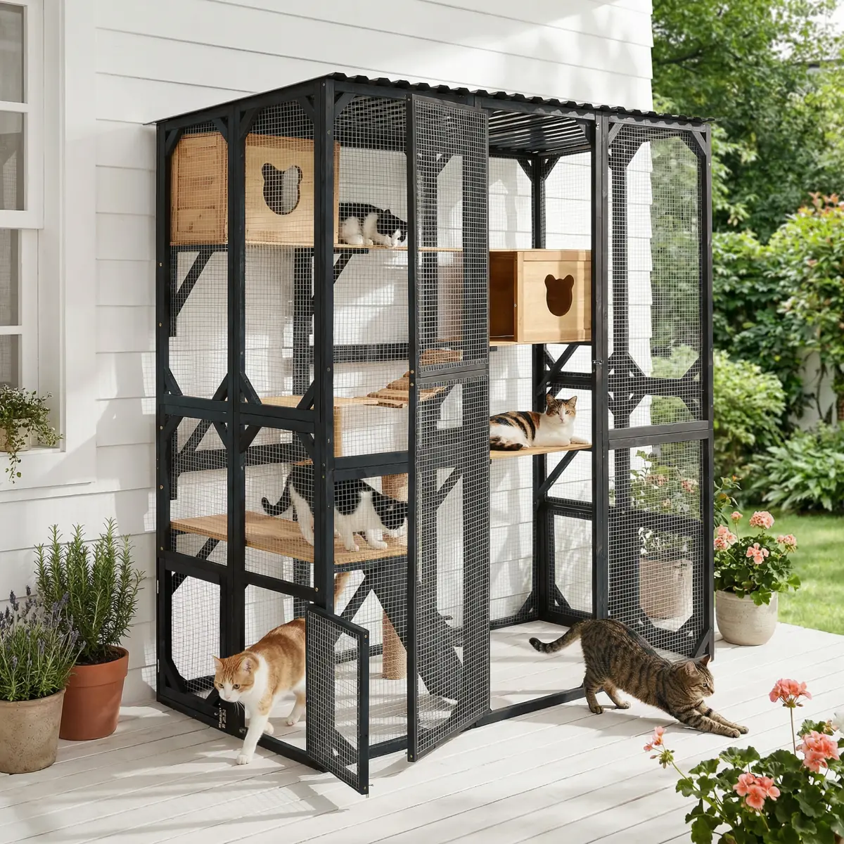 [Bellemave] 67" Large Outdoor Catio Enclosure with Houses & Platforms| Scratching Post and Secure Doors| Fir Wood Cat Patio Playpen for Multiple Cats