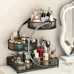 Black 3 Tier Makeup Organizer with Cups - Vanity Countertop Cosmetic Storage Shelf, Stylish Bathroom Skincare Rack for Women Multi-Purpose Metal Storage Rack for Home, Office，Kitchen