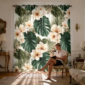 Tropical Plant Bamboo Pattern Print Light Filtering Curtains, Sheer Curtains 84'' Length 2 Panels,Semi-Transparent Sunshade for Teen Girls Boys Bedroom Living Room Dining