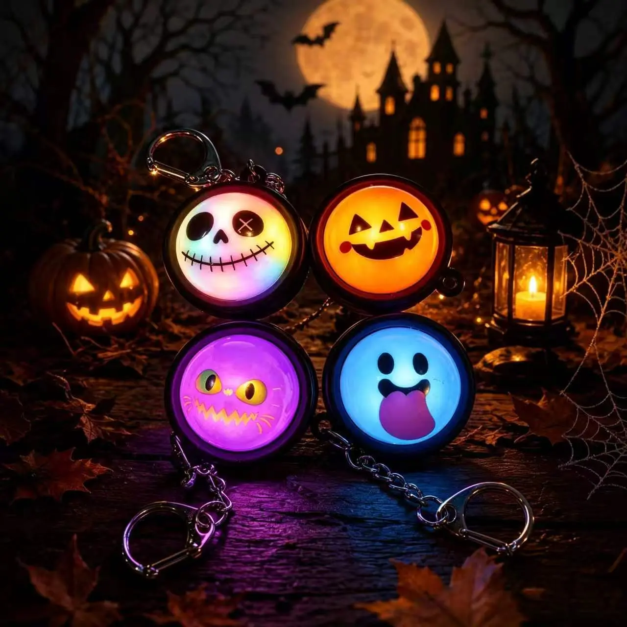 4 Styles Halloween Luminous Keychain Spooky Cartoon Expression Flash Key Ring Halloween Decor Accessories Trick Or Treat Gift