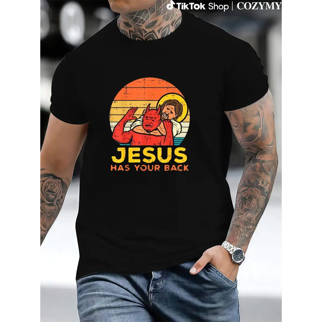 100% Cotton Jesus Has Your Back Jiu Jitsu Retro Christian Men T-Shirt Selected pure cotton interesting design DIY short sleeve t-shirt for men, soft and breathable