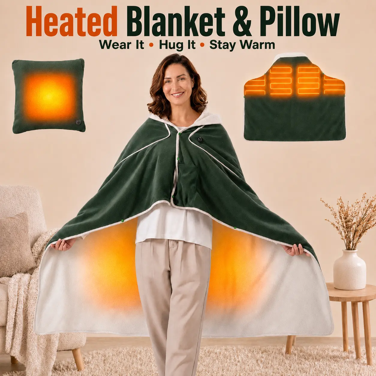 Portable USB Heated Blanket, 4-in-1 Flannel Wearable Heated Throw, Pillow, Shawl & Heating Pad, 3 Heat Settings, Fast Warming for Home, Office, Camping & Travel (Available with or Without Power Bank)