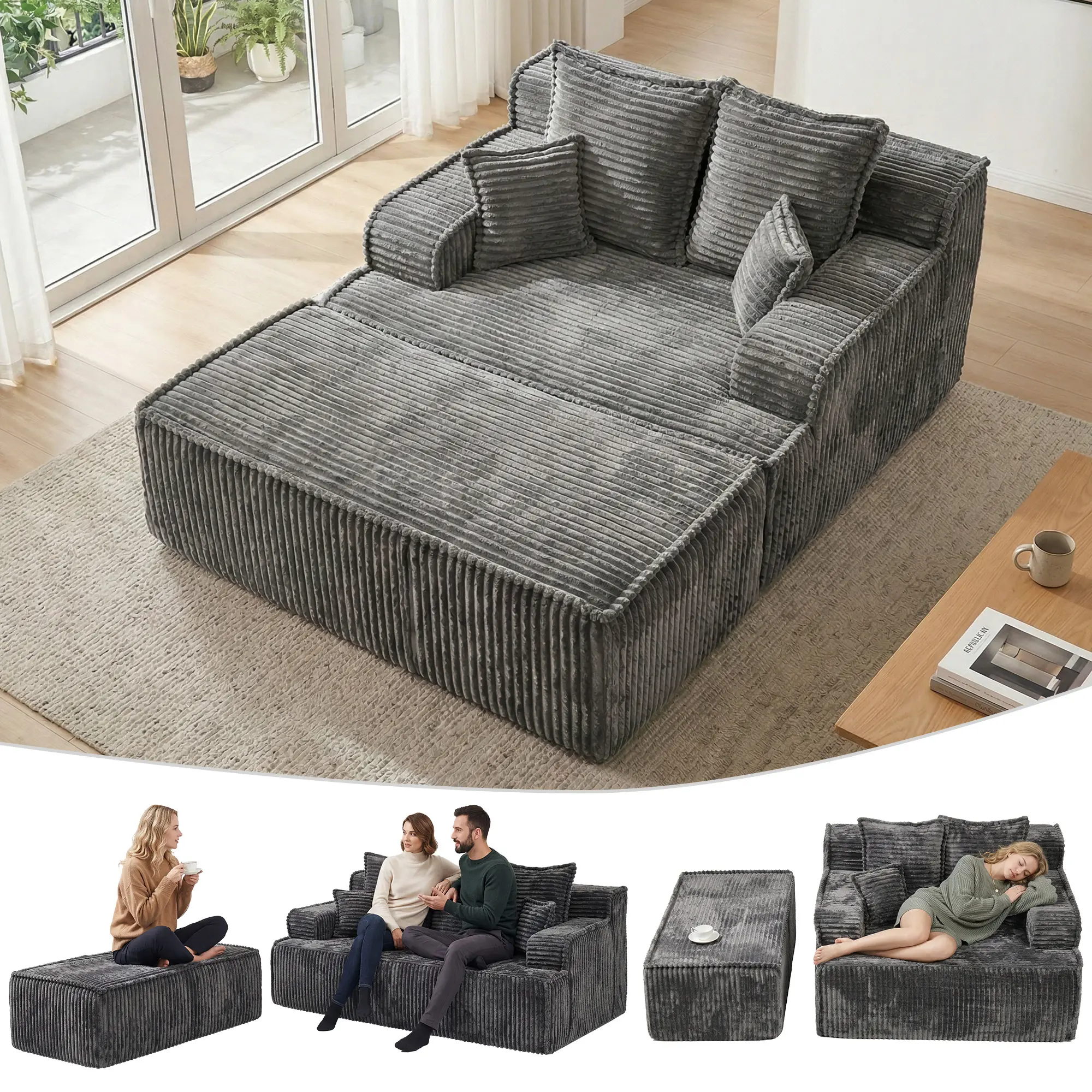 Winzoo Chaise Lounge Chair,Sofa Bed Couch Boneless Chair with Ottoman,Comfy Reading Chair for Adultsfor Living Room,Single Sleeper Chair Bed