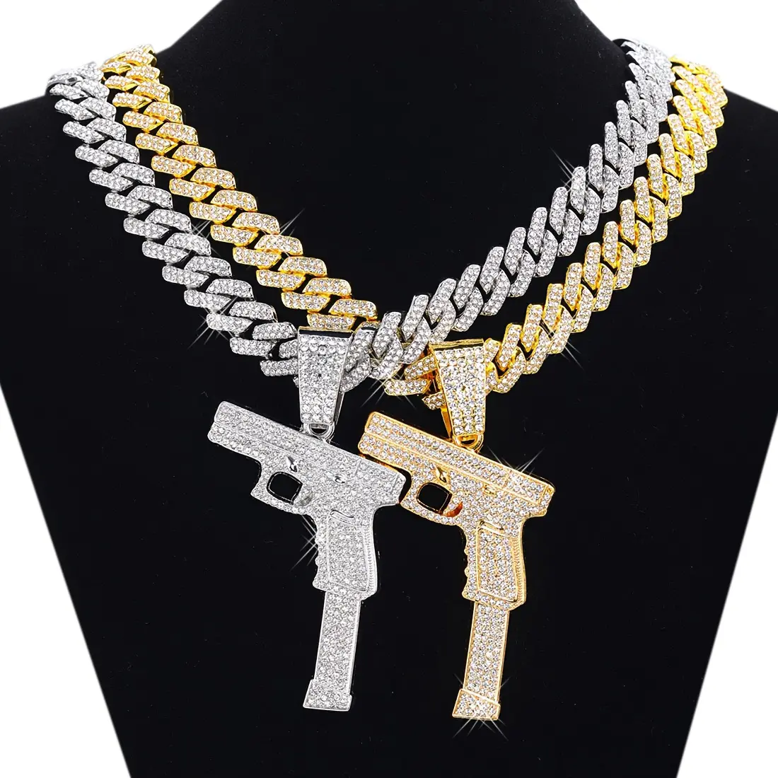 MaxBling81 Rhinestone Gun-Shaped Pendant Necklace, 15mm Iced Alloy-Plated Cuban Chain, Cubic Zirconia, 16"-24" Multi-Size Options, Gold Statement Chain, Hip Hop Fashion Costume Jewelry Accessory, Hip Hop Necklaces, Drop Chain Necklace