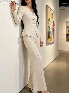 Two piece women's beige V-neck Long Sleeve waist cinched Fitted Elegant Chic Trendy Blazer suit set with long and wide leg pants, suitable for all seasons, suitable for home, indoor, and outdoor wear Blazer Outfits