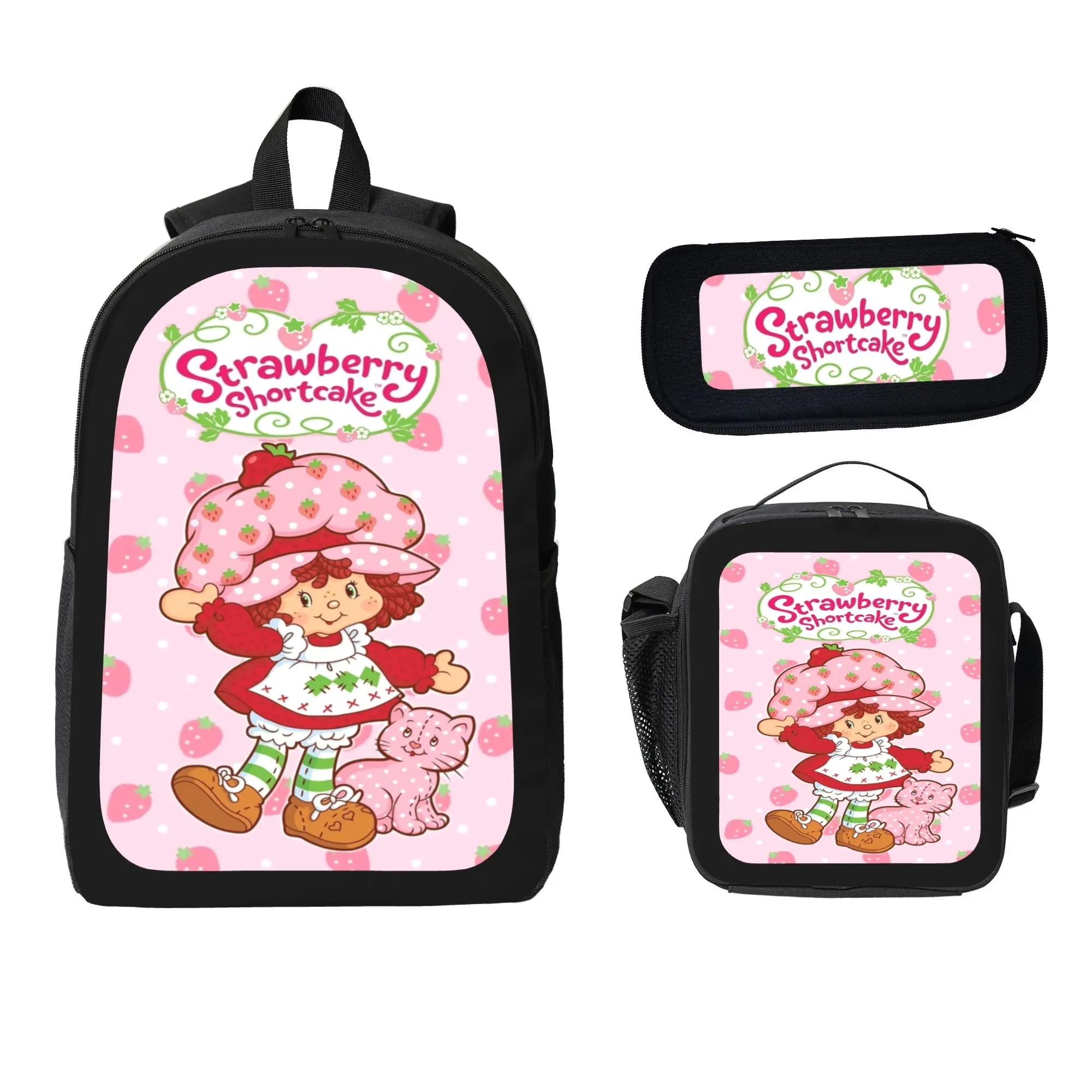 Girls' 3pcs Strawberry Backpack Set Pack - School Backpack with Zipper, Customizable Pouch, Insulated Lunch Container - Lightweight Polyester for School Days, Zoo Visits, Insulated Bag